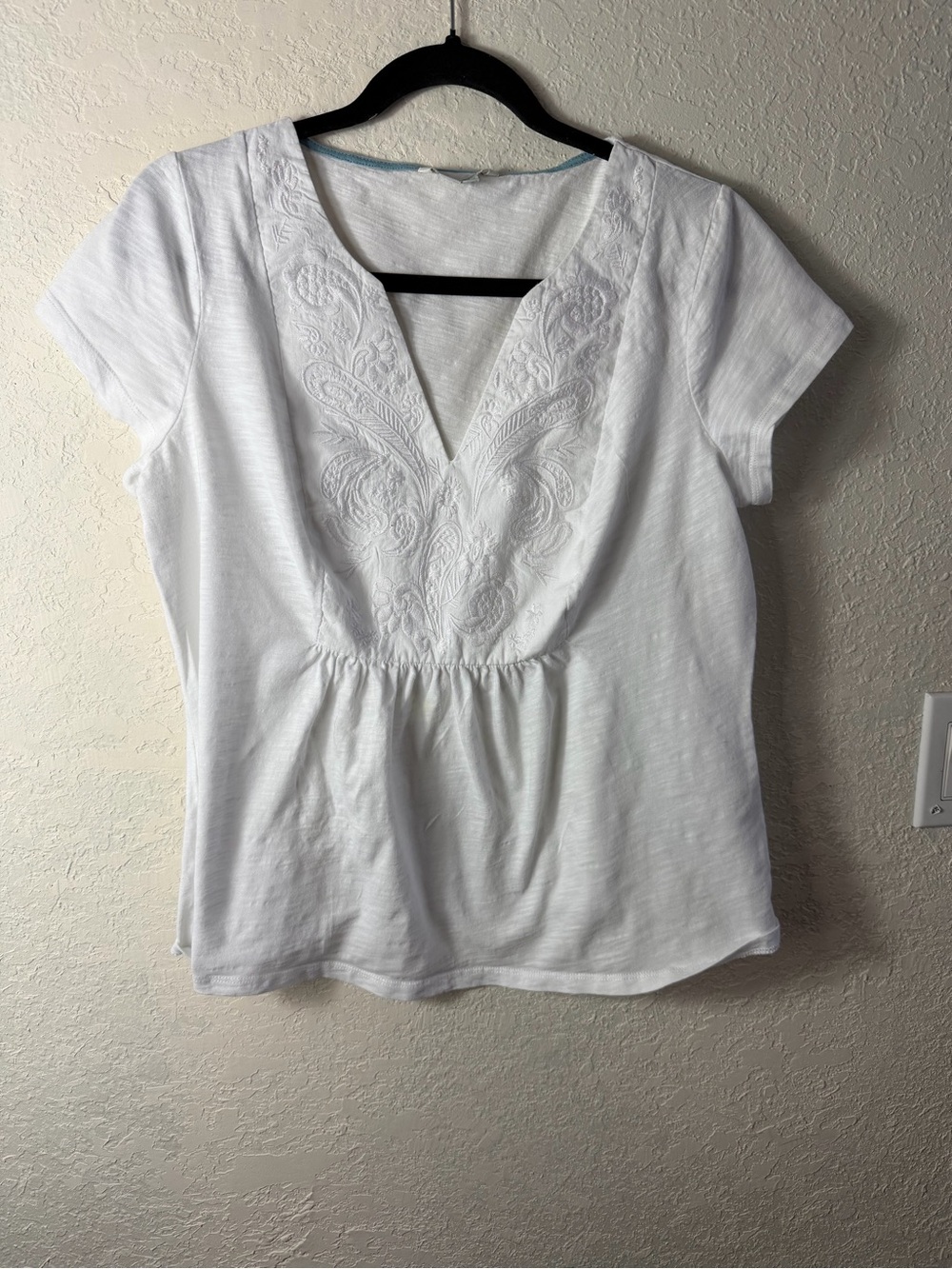 Boden Cotton Embroidered Short Sleeve Notch Neck Top Sz 12
